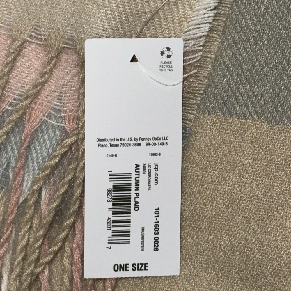 Liz Claiborne Knit Scarf Autumn Plaid Tan Blue Pink NEW - Picture 6 of 7